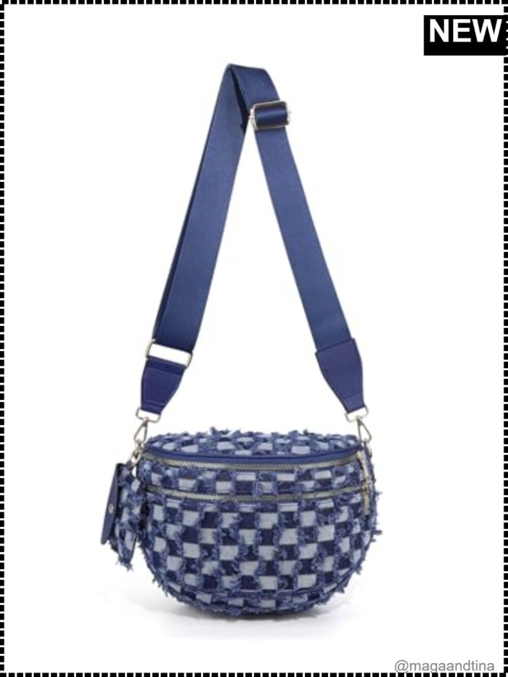 Denim Checkered Crossbody Bum Bag with Adjustable Strap